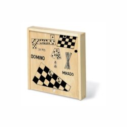 Wooden box including domino, chess, drafts and wooden sticks games.