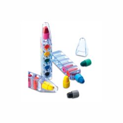 Set of 6 wax crayons in clear pen shape container.