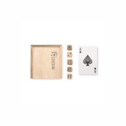 Playing set with 54 cards and 5 dice. Presented in wooden box.