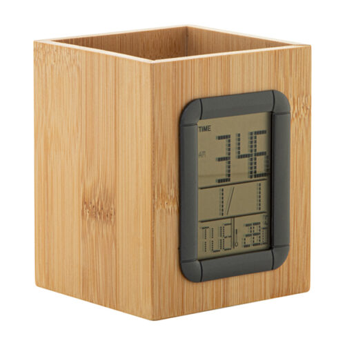4 BAMBOO PEN HOLDER WITH LCD DIGITAL CLOCK
