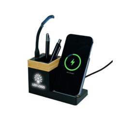 Bamboo Pen Holder with 15W Wireless Charger & LED Logo - Image 5