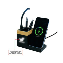 Bamboo Pen Holder with 15W Wireless Charger & LED Logo - Image 6