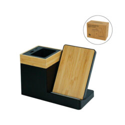 Bamboo Pen Holder with 15W Wireless Charger & LED Logo
